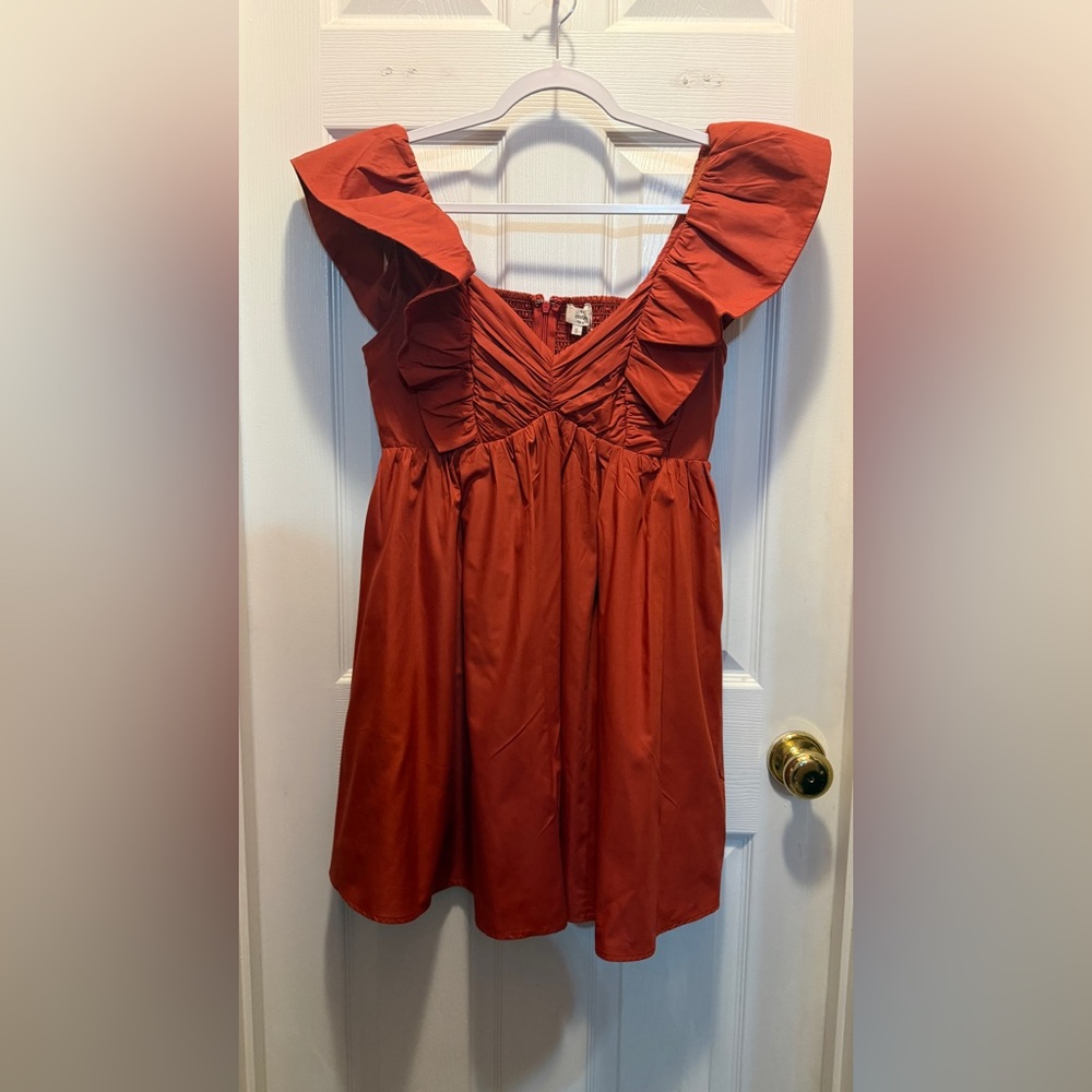 ☀️ Entro Rust Orange Ruffled V-Neck Dress - Picture 1 of 7